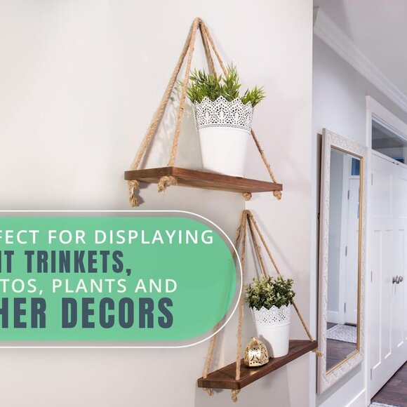 Hanging Shelves for Wall - Set of 2 – Rustic Farmhouse Boho Shelves with String– - Picture 6 of 7